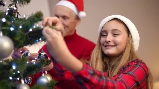 Portret Van Een Lachend Tienermeisje Dat Kerstversiering Ophangt Nieuwjaarsboom Een — Stockvideo