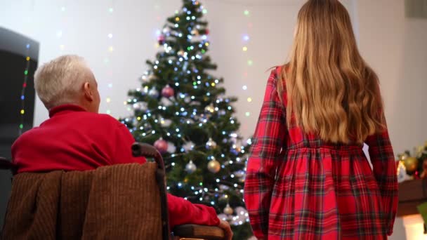回头看 少女和坐在轮椅上的老人手牵着手微笑 欣赏着新年的树 心满意足的白种人祖父和孙女在家里享受平安夜 — 图库视频影像