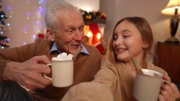 リラックスした10代の女の子とシニア男性が自宅でビデオブログを撮影し マシュマロとシナモンでクリスマスココアを試飲します 幸せな白人の孫娘と祖父祝い休日ポルノの — ストック動画