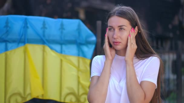 Depressed Sad Ukrainian Young Woman Holding Head Hands Thinking Standing — Stock Video