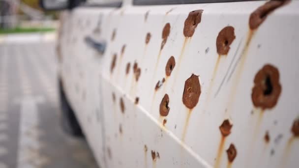 Car Door Bullet Holes Close Live Camera Moves Forward Damaged — Stock Video