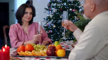 Sevgili güzel eşin portresi. Kocasıyla kadeh tokuşturarak kadeh tokuşturup Noel 'de şampanya içen bir kadın. Kendine güveni tam, harika bir kadın evde bir erkekle yeni yılı kutluyor.