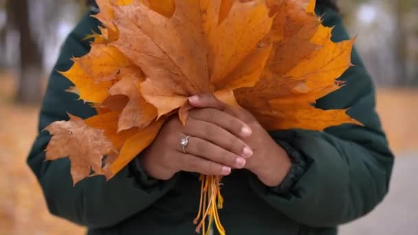アフリカ系アメリカ人女性の手に落ちた黄色の葉の束を閉じる 秋の公園に立っている認識できない女性 レジャーと季節のコンセプト — ストック動画