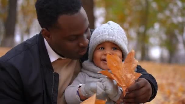 Gülümseyen Baba Güz Gününde Dışarıda Çocuğuyla Oturan Oynak Küçük Oğlunun — Stok video