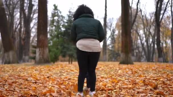 大大的微笑着妈妈纺着小儿子在秋天的公园里与黄色落叶 在阴云密布的日子里 快乐的非洲裔美国妇女和男孩在户外的草地上玩乐 — 图库视频影像