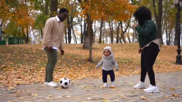 Широкий Выстрел Счастливый Афроамериканец Женщина Мальчик Играющий Футбол Аллее Парка — стоковое видео