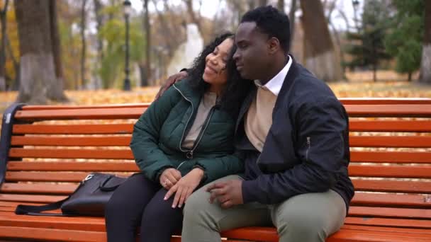 Любящая Молодая Афро Американская Пара Обнимается Разговаривая Сидя Скамейке Осеннем — стоковое видео