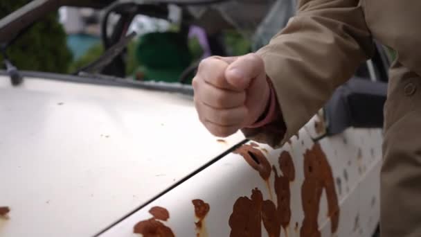Hand Angry Senior Man Hitting Hood Car Bullet Holes Leaving — Stock Video