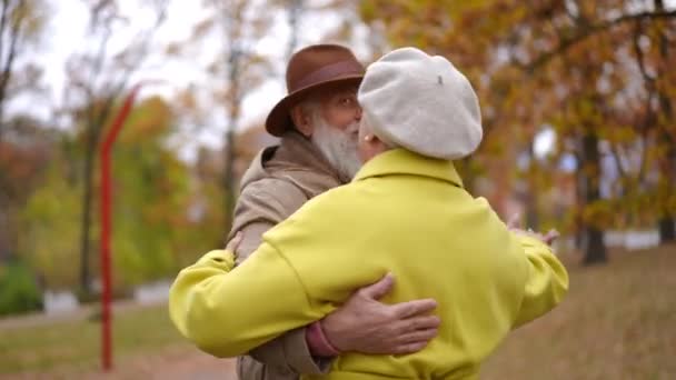 爱美丽的老年男子和美丽的女子旋转慢动作在秋天的公园室外跳舞 快乐而自信的白种人情侣约会 享受休闲 浪漫与永恒的爱情概念 — 图库视频影像