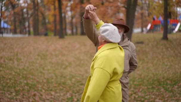 快乐的老年女子在秋天的公园草地上慢动作地和有爱心的男人跳舞 积极自信的白种人丈夫和妻子一起享受闲暇 在户外约会时面带微笑 — 图库视频影像