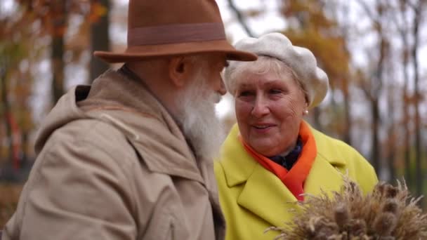 Porträtt Glad Äldre Kvinna Skrattar Talar Med Mannen Sitter Bänken — Stockvideo
