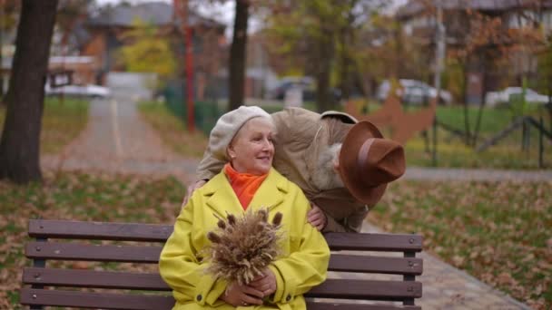 笑容满面的老年妇女坐在长椅上 男人摸着肩膀亲吻脸颊 公园里 积极自信的白人妻子与丈夫在户外享受闲暇的画像 — 图库视频影像