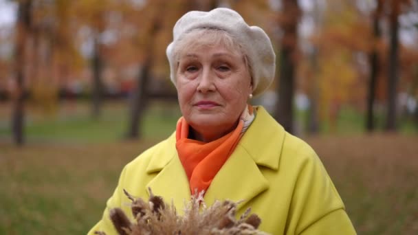 Acérquese Hermosa Mujer Mayor Confiada Posando Cámara Lenta Parque Otoño — Vídeos de Stock