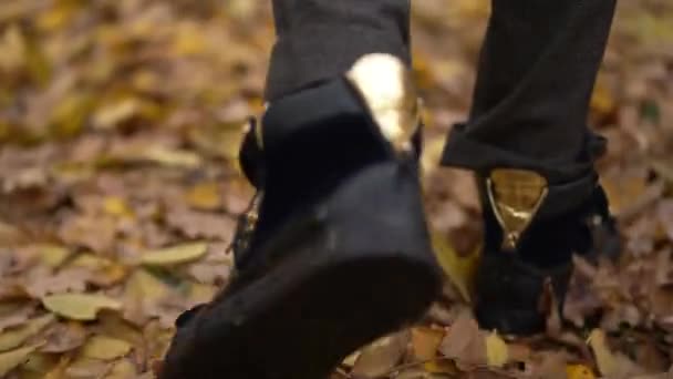 Vista Posterior Los Pies Masculinos Botas Caminando Sobre Hojas Amarillas — Vídeos de Stock