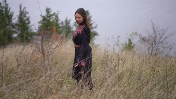 Side View Prachtige Oekraïense Jonge Vrouw Nationale Jurk Staan Gele — Stockvideo