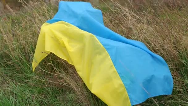 Збільшений Український Прапор Лежачи Зеленому Жовтому Полі Відкритому Повітрі День — стокове відео