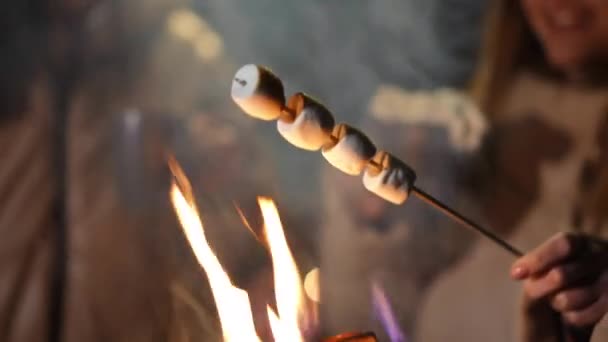 Marshmallow Putih Close Pada Tongkat Api Unggun Dengan Wanita Bahagia — Stok Video