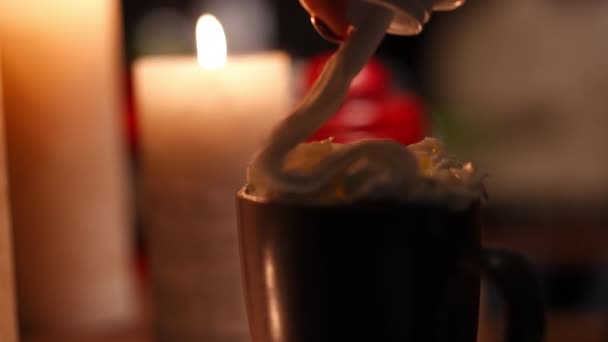 Close Pouring Whipped Cream Cocoa Cup Putting Red White Christmas — Stock Video