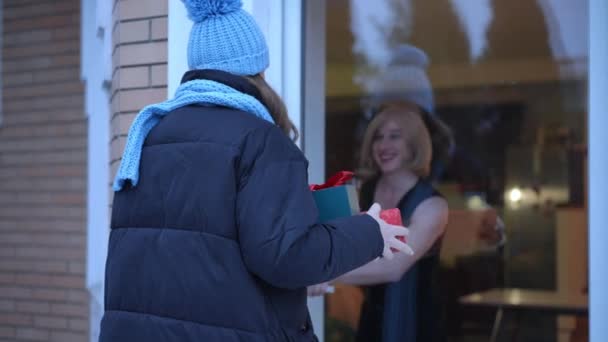 Female Courier Passing Christmas Gift Boxes Joyful Smiling Lgbt Non — Stock Video