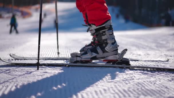 サイドビュー晴れた日に屋外でゆっくりと動きを残してスキーにブーツで女性の足を表示します 休暇中の冬のリゾートでの認識できないフィット自信のあるスポーツウーマンスキー — ストック動画