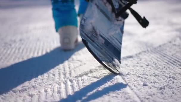 Жива Камера Слідує Сноубордом Жіночими Ногами Ходять Повільному Русі Снігу — стокове відео