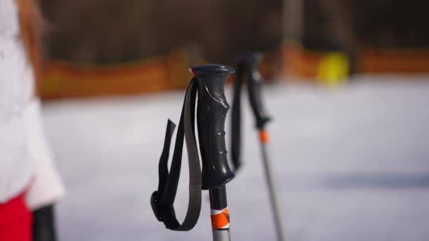 Close Ski Poles Handle Female Hands Leather Gloves Taking Equipment — Stock Video