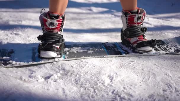 现场摄像头沿着穿着短裤的纤细女性腿和雪板上的冬季运动鞋移动 难以辨认的白人女士站在室外阳光明媚的冬日寒冷的雪地上 — 图库视频影像
