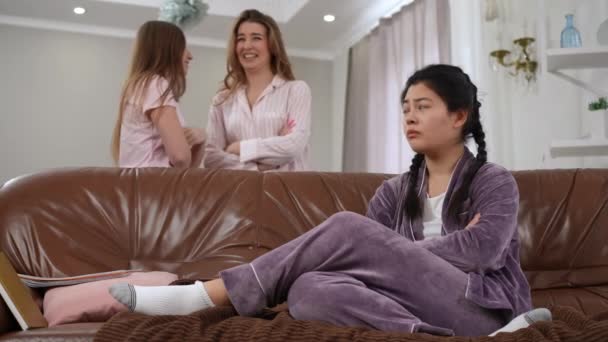 Wide Shot Sad Offended Asian Woman Sitting Couch Crossed Hands — Stock Video