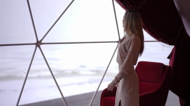 Schlanke Selbstbewusste Wunderschöne Frau Die Zum Bodentiefen Fenster Auf Der — Stockvideo