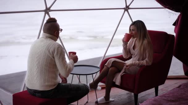 Wide Shot Happy Loving Adult Couple Talking Drinking Coffee Sitting — Stock Video