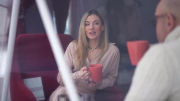 Gorgeous Slim Wife Talking Husband Drinking Coffee Looking Out White — Stock Video