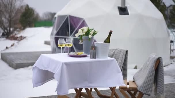 Přiblížit Stůl Pro Dva Ústřicemi Sklenice Šampaňského Kyticí Květin Živá — Stock video