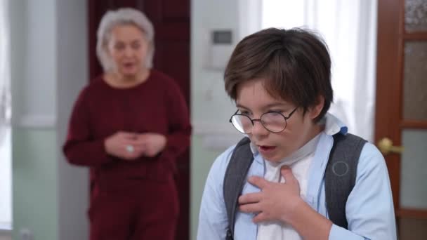Stressed Anxious Schoolboy Having Panic Attack Blurred Mature Woman Shouting — Stock Video