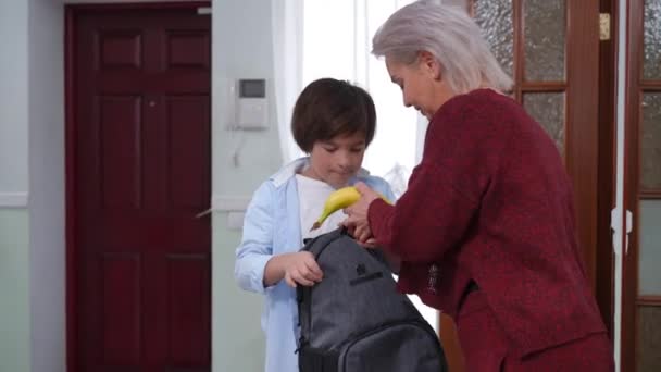 Érett Anya Beszél Fiával Banánt Szendvicset Tesz Hátizsákba Miközben Fiú — Stock videók