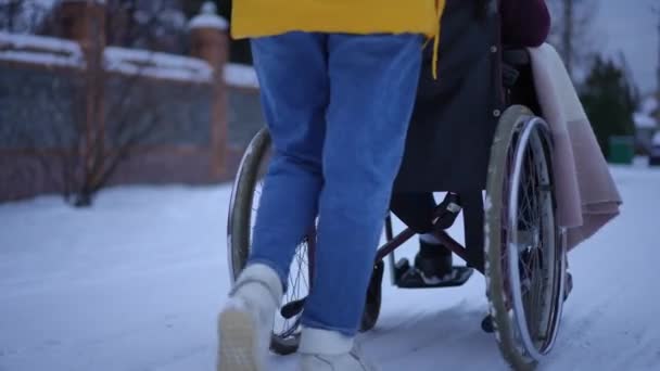 Nierozpoznana Kobieta Pchająca Wózek Inwalidzki Mężczyzną Siedzącym Zwolnionym Tempie Śnieżnej — Wideo stockowe