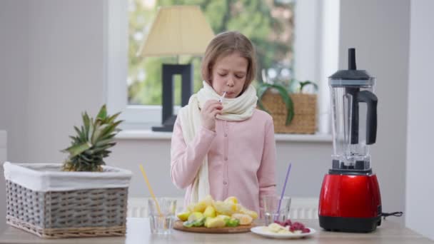 Sad Ill Caucasian Girl Thermometer Mouth Standing Table Healthful Fruits — Stock Video