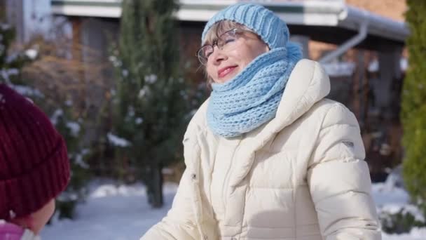 在阳光灿烂的冬日里 与女孩一起站在户外的快乐的老年妇女的画像 爱白种人的祖母享受与孙女的闲暇 慢动作 — 图库视频影像