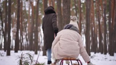 Arka manzara, kışın ormanda kızak çeken bulanık çocuk gibi kızağın üzerinde oturan mutlu genç kız rahatlığı. Canlı kamera kaygısız Kafkas arkadaşlarını takip ediyor. Tatillerde parkın tadını çıkarıyorlar.