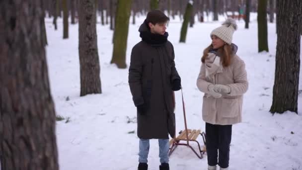 Vrolijke Gelukkige Tienervrienden Praten Staande Met Slee Het Winterpark Wijzend — Stockvideo