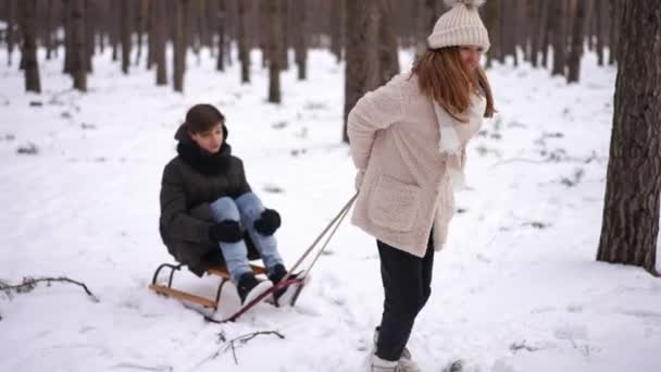 正在努力拉雪橇的年轻女孩和坐在雪橇上的男孩 迷人的白人青少年朋友在户外公园里享受冬季闲暇的肖像 — 图库视频影像