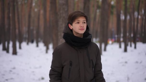 Curios Έφηβος Χαμογελά Περπάτημα Στο Πάρκο Χειμώνα Κοιτάζοντας Γύρω Αφήνοντας — Αρχείο Βίντεο