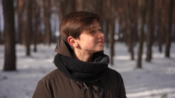 Bruneta Dospívající Chlapec Hnědýma Očima Kolem Stojí Slunečného Dne Zimním — Stock video