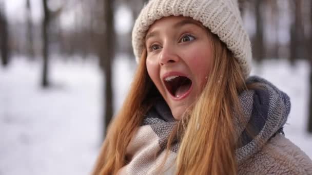 Heyecanlı Gülümseyen Genç Kız Kış Ormanında Dikilip Konuşarak Etrafa Bakıyor — Stok video