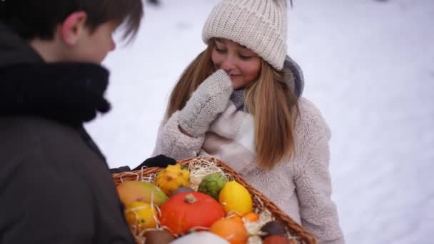 笑着和男孩子聊天的漂亮少女从柳条筐里挑水果 与朋友一起在公园里享受冬季闲暇的快乐 悠闲的白人青少年的画像 — 图库视频影像