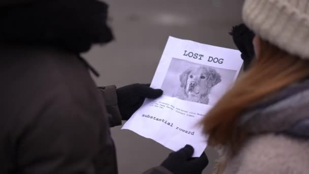 Ανακοίνωση Χαμένου Σκύλου Χέρια Εφήβων Κοριτσιών Και Αγοριών Που Στέκονταν — Αρχείο Βίντεο