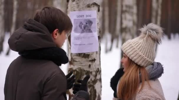 サイドビュー失われたペットを探して冬の公園に立って不安白人の十代のカップルを表示します 木の幹にぶら下がっている行方不明犬についての発表 ライフスタイルとヘルプコンセプト — ストック動画