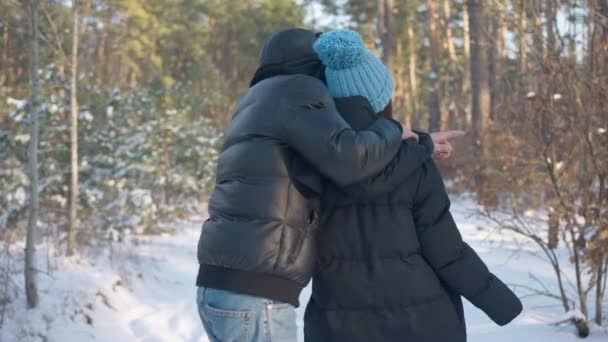バックビュー幸せな若いカップルの手を握って冬の森の中でスローモーションで散歩 リラックスした屈託のない白人男性と女性屋外で歩く日付晴れた週末の日に — ストック動画