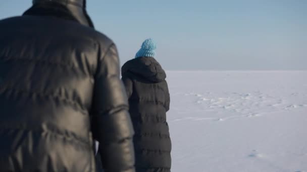 Arkaya Bakan Neşeli Genç Çift Karlı Kış Manzarasında Ağır Çekimde — Stok video
