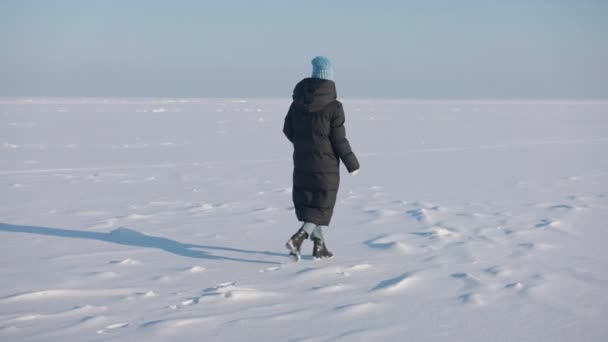 Wide Shot Winter Landscape Confident Slim Young Woman Strolling Slow — Video