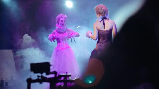 Gorgeous Young Women Elegant Vintage Dresses Standing Smoke Stage Rehearsing — Video